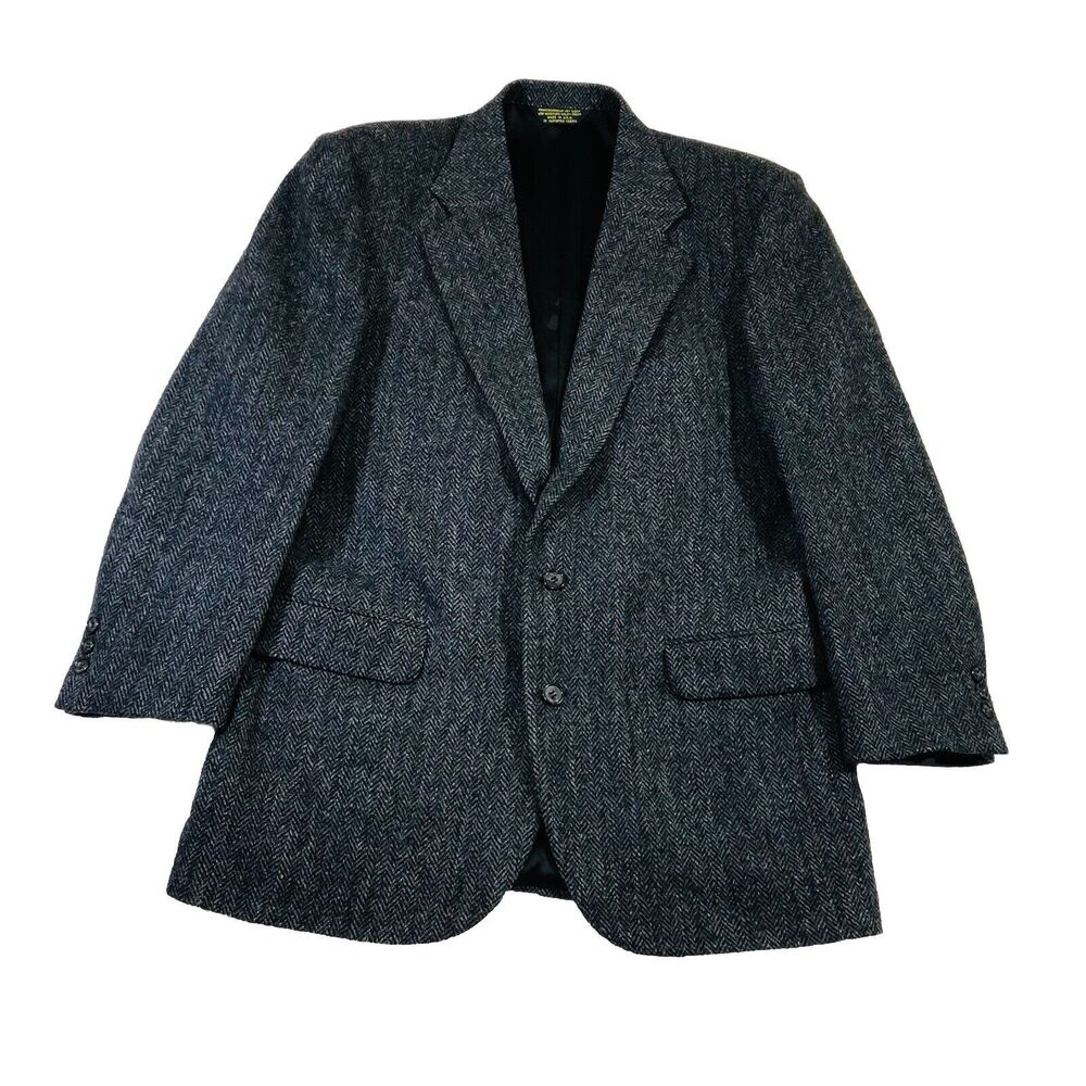 Vintage Harris Tweed Blazer Black White Herringbone Scottish Wool Jacket Size L